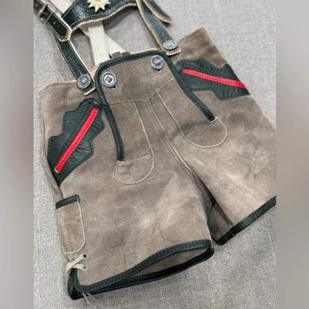 Vintage‎ Bavarian Toddler Lederhosen 3T Suede Leather w/ H-Suspenders, Edelweiss